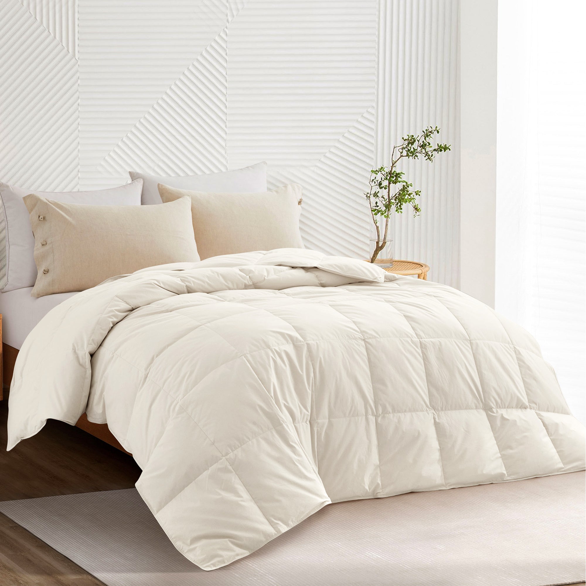 puredown® Organic Cotton Feather Comforter, Bedding Duvet Insert Full/Queen Size, 100% Pure Natural Cotton Cover Breathable Fluffy Feather Comforter with Corner Ties (Beige, 88"x90")
