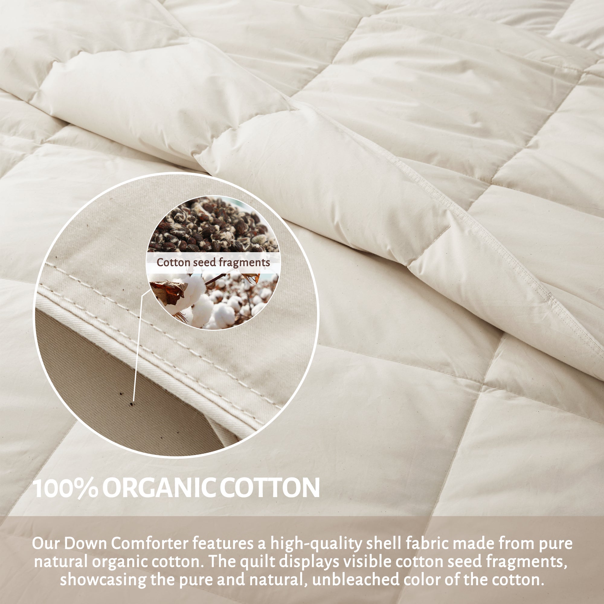 puredown® Organic Cotton Feather Comforter, Bedding Duvet Insert Full/Queen Size, 100% Pure Natural Cotton Cover Breathable Fluffy Feather Comforter with Corner Ties (Beige, 88"x90")