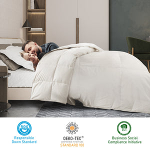 puredown® Organic Cotton Feather Comforter, Bedding Duvet Insert Full/Queen Size, 100% Pure Natural Cotton Cover Breathable Fluffy Feather Comforter with Corner Ties (Beige, 88"x90")